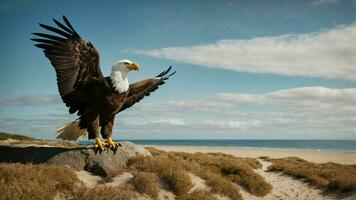 A beautiful summer day with blue sky and a lone Steller's sea eagle over the beach AI Generative photo