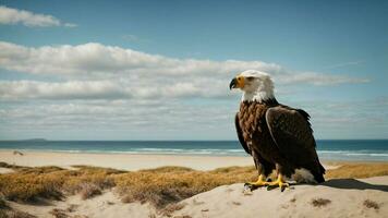 A beautiful summer day with blue sky and a lone Steller's sea eagle over the beach AI Generative photo