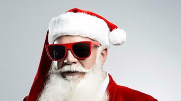 ai generativo cerca arriba retrato de frio hipster Papa Noel con sombras, Gafas de sol foto