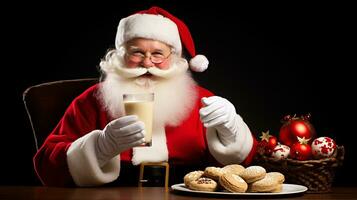 ai generativo contento Papa Noel claus comiendo Leche y galletas foto