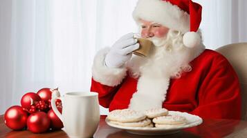 ai generativo contento Papa Noel claus comiendo Leche y galletas foto