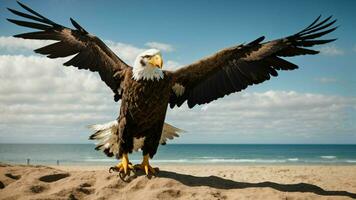 A beautiful summer day with blue sky and a lone Steller's sea eagle over the beach AI Generative photo