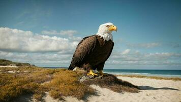 A beautiful summer day with blue sky and a lone Steller's sea eagle over the beach AI Generative photo