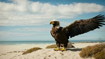 A beautiful summer day with blue sky and a lone Steller's sea eagle over the beach AI Generative photo