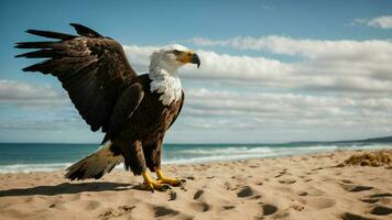 A beautiful summer day with blue sky and a lone Steller's sea eagle over the beach AI Generative photo