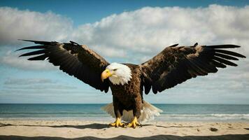 A beautiful summer day with blue sky and a lone Steller's sea eagle over the beach AI Generative photo