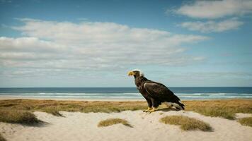 A beautiful summer day with blue sky and a lone Steller's sea eagle over the beach AI Generative photo