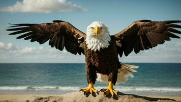 A beautiful summer day with blue sky and a lone Steller's sea eagle over the beach AI Generative photo