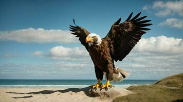 A beautiful summer day with blue sky and a lone Steller's sea eagle over the beach AI Generative photo