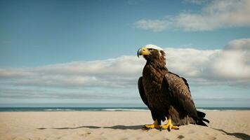 un hermosa verano día con azul cielo y un solitario de Steller mar águila terminado el playa ai generativo foto