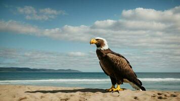 A beautiful summer day with blue sky and a lone Steller's sea eagle over the beach AI Generative photo