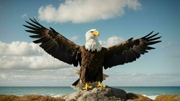 A beautiful summer day with blue sky and a lone Steller's sea eagle over the beach AI Generative photo