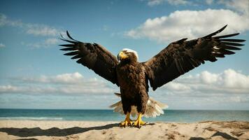 un hermosa verano día con azul cielo y un solitario de Steller mar águila terminado el playa ai generativo foto