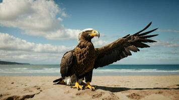 un hermosa verano día con azul cielo y un solitario de Steller mar águila terminado el playa ai generativo foto