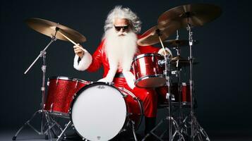 ai generative  Cool santa with sunglasses playing the drums, making a party photo