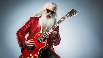 ai generative Cool hipster santa on bass guitar at party with sunglasses photo