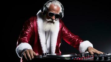 ai generativo frio Papa Noel con Gafas de sol a el DJ conjunto mezcla consola, haciendo un fiesta foto