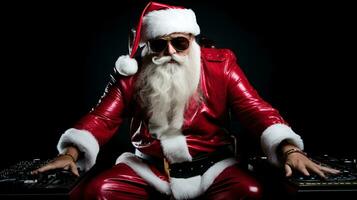 ai generative Cool santa with sunglasses at the dj set mixing console, making a party photo