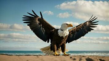 A beautiful summer day with blue sky and a lone Steller's sea eagle over the beach AI Generative photo