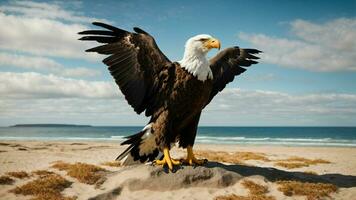 A beautiful summer day with blue sky and a lone Steller's sea eagle over the beach AI Generative photo