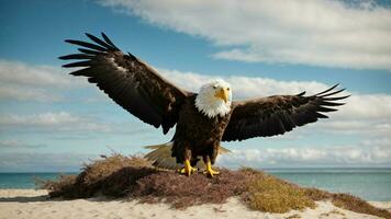 A beautiful summer day with blue sky and a lone Steller's sea eagle over the beach AI Generative photo