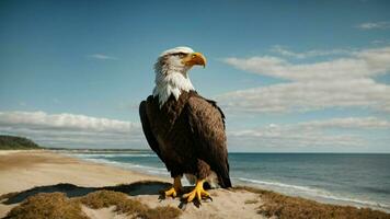 A beautiful summer day with blue sky and a lone Steller's sea eagle over the beach AI Generative photo