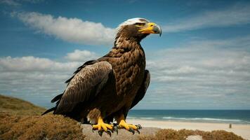 A beautiful summer day with blue sky and a lone Steller's sea eagle over the beach AI Generative photo