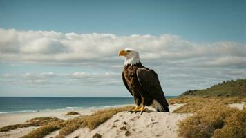 A beautiful summer day with blue sky and a lone Steller's sea eagle over the beach AI Generative photo