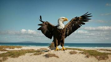 A beautiful summer day with blue sky and a lone Steller's sea eagle over the beach AI Generative photo