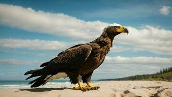 A beautiful summer day with blue sky and a lone Steller's sea eagle over the beach AI Generative photo