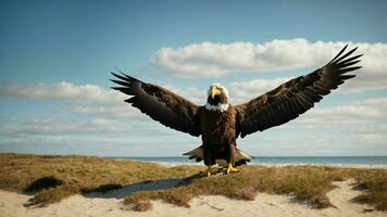 A beautiful summer day with blue sky and a lone Steller's sea eagle over the beach AI Generative photo