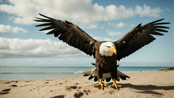 A beautiful summer day with blue sky and a lone Steller's sea eagle over the beach AI Generative photo