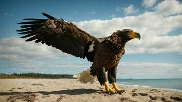 A beautiful summer day with blue sky and a lone Steller's sea eagle over the beach AI Generative photo