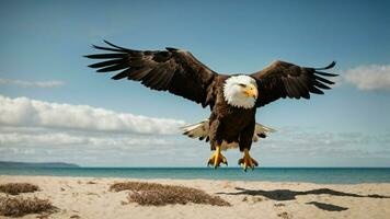 A beautiful summer day with blue sky and a lone Steller's sea eagle over the beach AI Generative photo