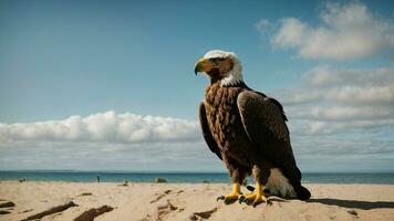 A beautiful summer day with blue sky and a lone Steller's sea eagle over the beach AI Generative photo