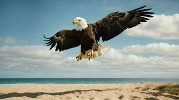 A beautiful summer day with blue sky and a lone Steller's sea eagle over the beach AI Generative photo