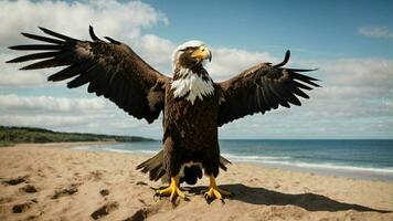 A beautiful summer day with blue sky and a lone Steller's sea eagle over the beach AI Generative photo