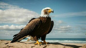 A beautiful summer day with blue sky and a lone Steller's sea eagle over the beach AI Generative photo