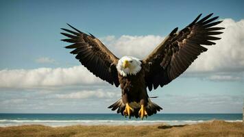 A beautiful summer day with blue sky and a lone Steller's sea eagle over the beach AI Generative photo