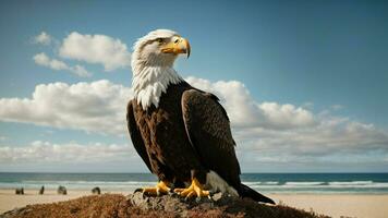 A beautiful summer day with blue sky and a lone Steller's sea eagle over the beach AI Generative photo