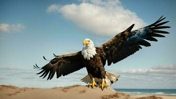 A beautiful summer day with blue sky and a lone Steller's sea eagle over the beach AI Generative photo