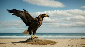 A beautiful summer day with blue sky and a lone Steller's sea eagle over the beach AI Generative photo