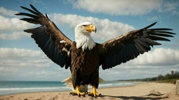 A beautiful summer day with blue sky and a lone Steller's sea eagle over the beach AI Generative photo