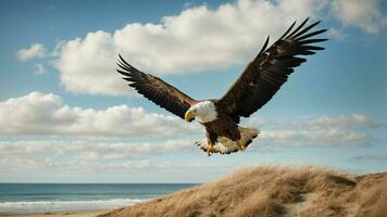 A beautiful summer day with blue sky and a lone Steller's sea eagle over the beach AI Generative photo