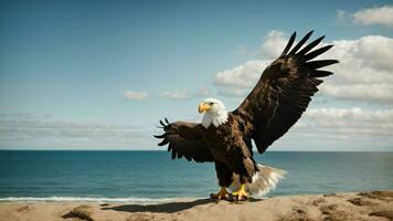 A beautiful summer day with blue sky and a lone Steller's sea eagle over the beach AI Generative photo