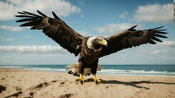 A beautiful summer day with blue sky and a lone Steller's sea eagle over the beach AI Generative photo