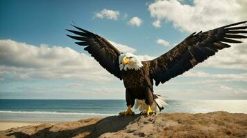 un hermosa verano día con azul cielo y un solitario de Steller mar águila terminado el playa ai generativo foto