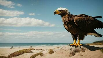 A beautiful summer day with blue sky and a lone Steller's sea eagle over the beach AI Generative photo