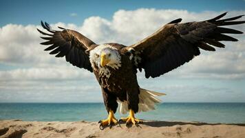 A beautiful summer day with blue sky and a lone Steller's sea eagle over the beach AI Generative photo