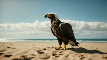 un hermosa verano día con azul cielo y un solitario de Steller mar águila terminado el playa ai generativo foto